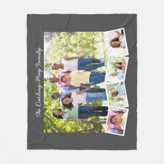 写真のコラージュwのジグザグ形の写真のストリップ及び姓 フリースブランケット (正面)