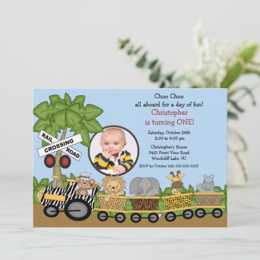 写真のサファリのジャングルの列車の誕生日の招待状 招待状 (スタンド正面)