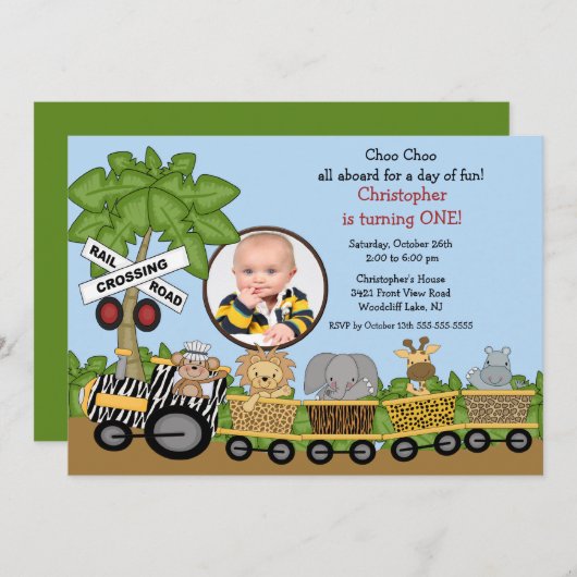 写真のサファリのジャングルの列車の誕生日の招待状 招待状 (正面/裏面)