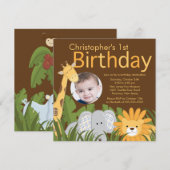 写真のサファリのジャングルの動物の子供の誕生会 招待状 (正面/裏面)