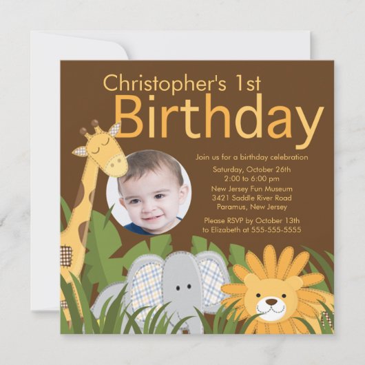 写真のサファリのジャングルの動物の子供の誕生会 招待状 (正面)