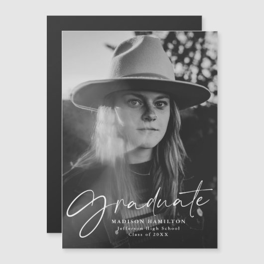 写真のスタイリッシュ卒業発表のスクリプト マグネット招待状 (正面/裏面)