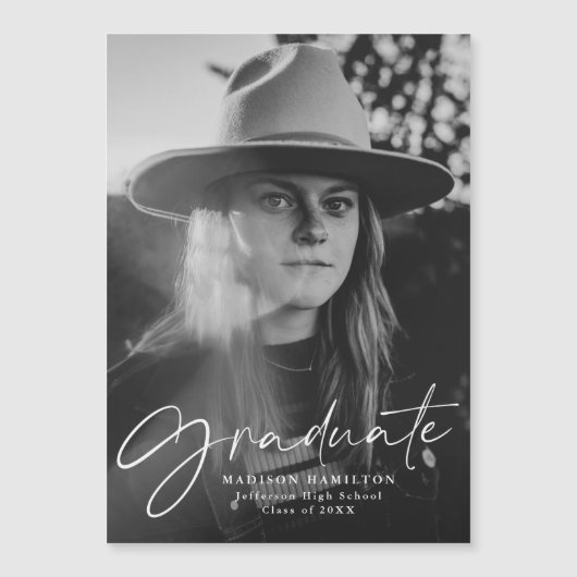 写真のスタイリッシュ卒業発表のスクリプト マグネット招待状 (正面)