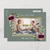写真のセージ緑のバーガンディ結婚式の日付を保存 案内ポストカード (正面/裏面)