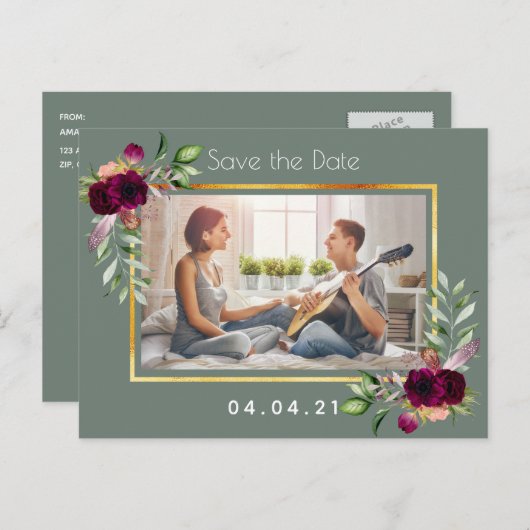 写真のセージ緑のバーガンディ結婚式の日付を保存 案内ポストカード (正面/裏面)