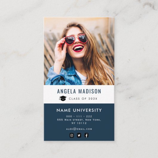 写真のネイビーブルーの卒パーソナライズされた業挿入 名刺 (正面)