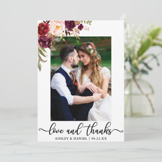 写真のバーガンディの花柄を結婚する愛および感謝 サンキューカード (スタンド正面)