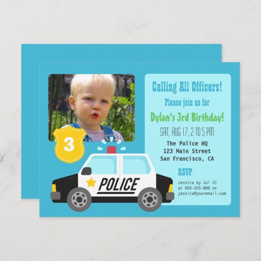 写真のパトカーの子供の誕生日のパーティの招待状 招待状 (正面/裏面)