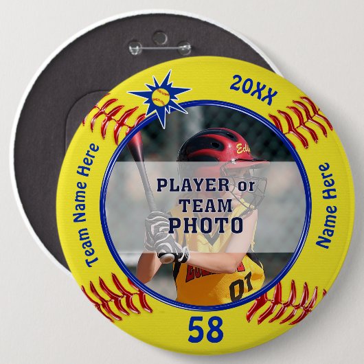 写真のパーソナライズなソフトボールピン、ソフトボールの好意 缶バッジ (正面&裏面)