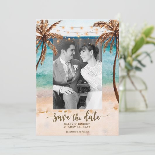 写真のビーチの熱帯結婚式の保存日付カード サンキューカード (スタンド正面)