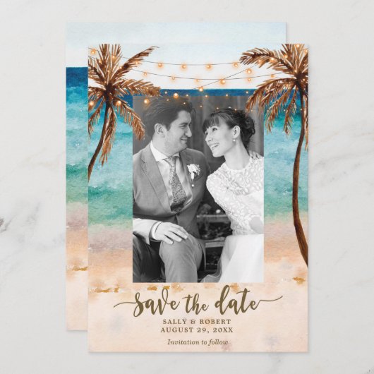写真のビーチの熱帯結婚式の保存日付カード サンキューカード (正面/裏面)