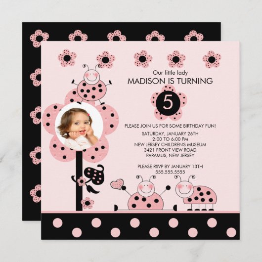 写真のピンク及び黒いてんとう虫の誕生日の招待状 招待状 (正面/裏面)