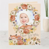 写真のフローラリースとウッドランドキツネ誕生日 カード (正面)