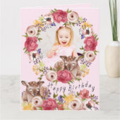 写真のフローラリースウッドランドディアピンク誕生日 カード (正面)