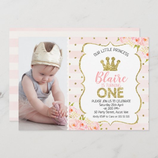 写真のプリンセスの王冠の第1誕生日の招待状 招待状 (正面/裏面)
