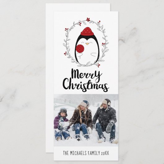 写真のホリデーカード | かわいい落書きキャンディペンギン シーズンカード (正面/裏面)