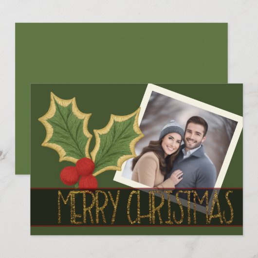 写真のホリーベリー刺繍クリスマスリボン シーズンカード (正面/裏面)