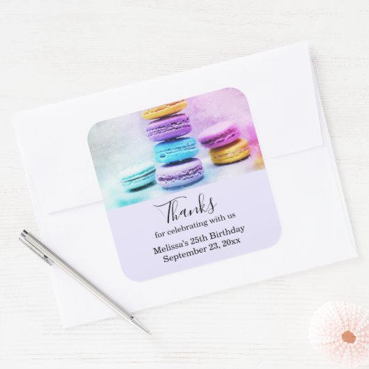 写真のマカロンカラフル誕生日ありがとう スクエアシール (封筒)