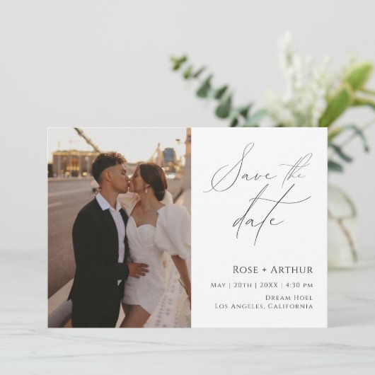 写真のミニマルスクリプトの保存日付 招待状 (スタンド正面)