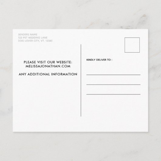 写真のモダンパーソナライズされた犬の結婚式の日付を保存 案内ポストカード (裏面)