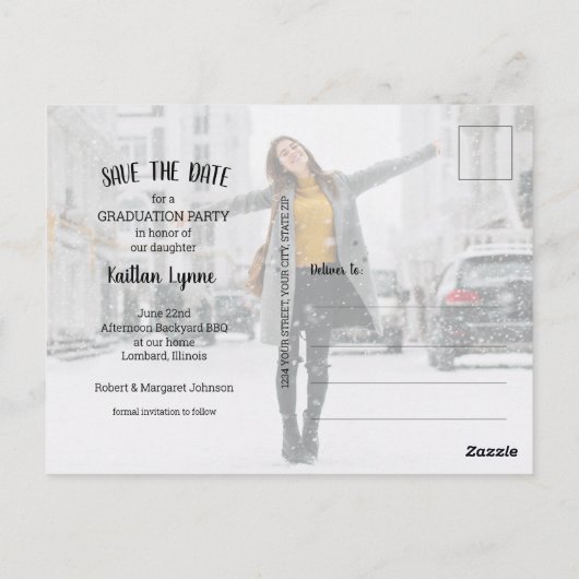 写真のモダン卒業式のスクリプトの保存日付 ポストカード (裏面)