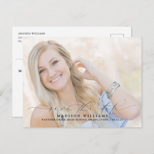 写真のモダン卒業式のスクリプト日付の保存 案内ポストカード (正面/裏面)