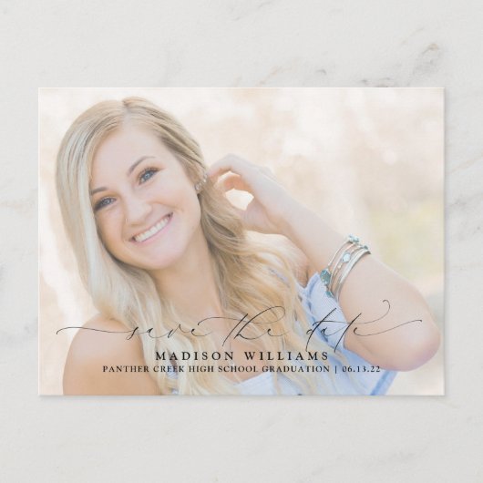 写真のモダン卒業式のスクリプト日付の保存 案内ポストカード (正面)