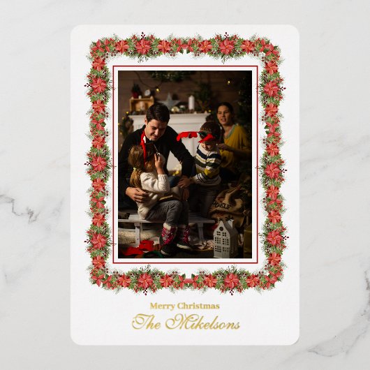 写真のモダン葉ミニマルのスクリプトのクリスマス 箔シーズンカード (正面)