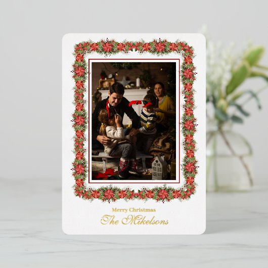 写真のモダン葉ミニマルのスクリプトのクリスマス 箔シーズンカード (立ち正面)