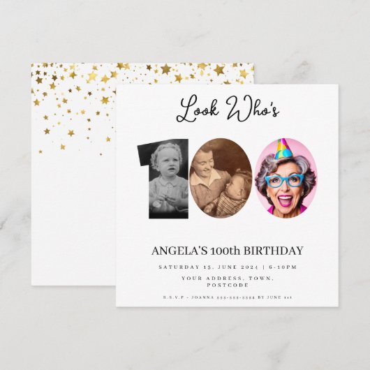 写真のモンテージ 誕生日パーティー 100歳 招待状 (正面/裏面)