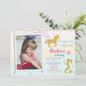 写真のユニコーンと人魚の誕生日の招待状の女の子 招待状 (スタンド正面)