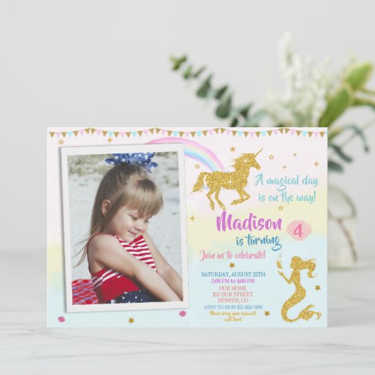 写真のユニコーンと人魚の誕生日の招待状の女の子 招待状 (スタンド正面)