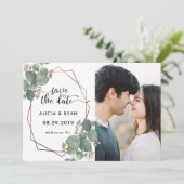 写真のユーカリのばら色の金ゴールドの幾何学的なフレーム セーブザデート (スタンド正面)