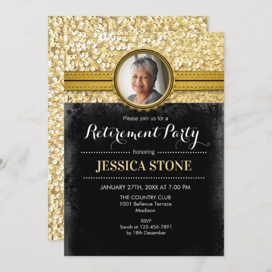 写真のリタイア – 金ゴールド黒 招待状 (正面/裏面)
