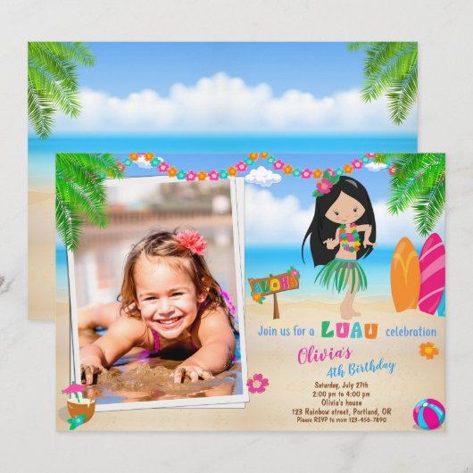 写真のルアウ誕生日招待状 ルアウ招待状 1歳 招待状 (正面/裏面)