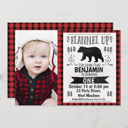 写真のログジャケット 1歳の誕生日招待状 招待状 (正面/裏面)