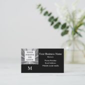 写真のロゴの銀製灰色および黒い金属一見 名刺 (スタンド正面)