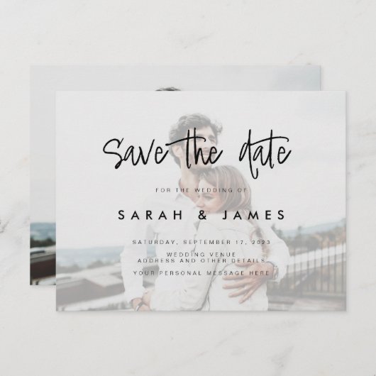 写真の予算の結婚式の日付の保存 案内ポストカード (正面/裏面)
