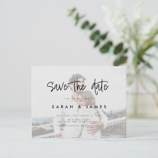 写真の予算の結婚式の日付の保存 案内ポストカード (スタンド正面)