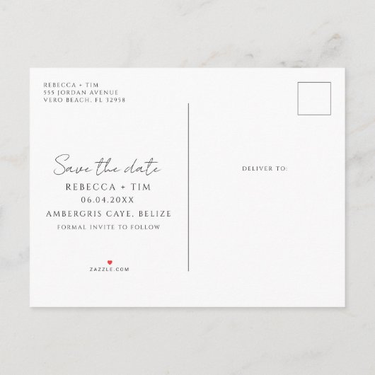 写真の予算ビーチ結婚式日付の保存 案内ポストカード (裏面)