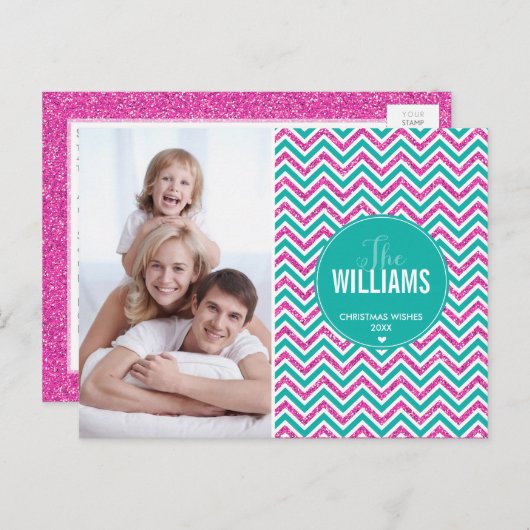 写真の休日カードシェブロンのグリッターのピンクのヒスイ緑 シーズンポストカード (正面/裏面)