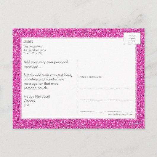 写真の休日カードシェブロンのグリッターのピンクのヒスイ緑 シーズンポストカード (裏面)