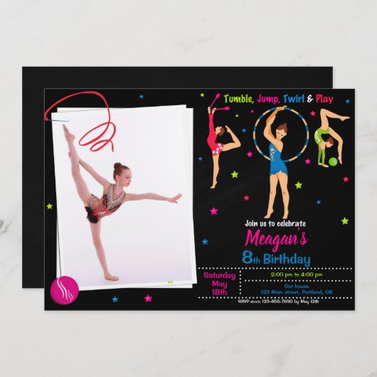 写真の体操の誕生日の招待ガールタンブル 招待状 (正面/裏面)
