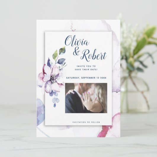 写真の保存の日付の水の色りんご花 招待状 (スタンド正面)