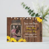 写真の保存日付の瓶の木製のヒマワリの招待状 セーブザデート (スタンド正面)