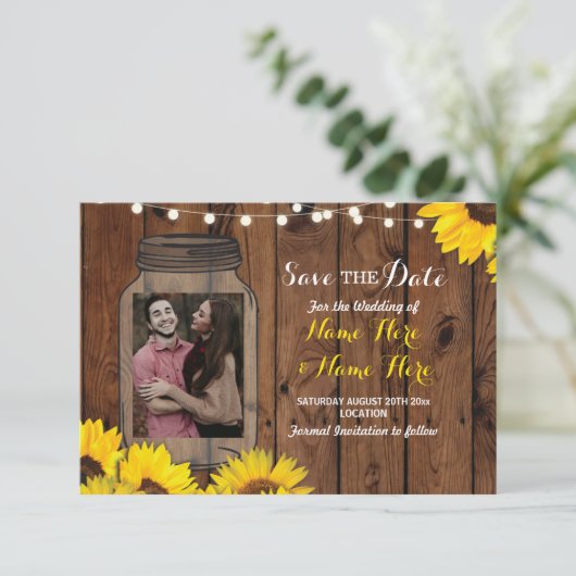 写真の保存日付の瓶の木製のヒマワリの招待状 セーブザデート (スタンド正面)