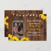 写真の保存日付の瓶の木製のヒマワリの招待状 セーブザデート (正面/裏面)
