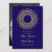 写真の保存日付、インディアン結婚、紫、金ゴールド セーブザデート (正面/裏面)