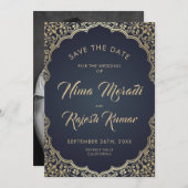 写真の保存日付、インディアン結婚、青、金ゴールド セーブザデート (正面/裏面)