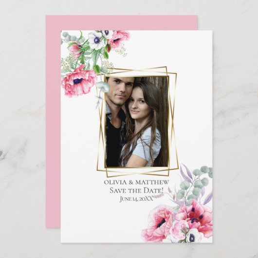 写真の保存日付 | 水彩ピンクポピー 招待状 (正面/裏面)